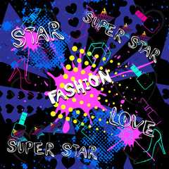 Abstract seamless pattern for girls, boys, clothes. Creative vector background with dots, pomade, shoes, star.Funny wallpaper for textile and fabric. Fashion style. Colorful bright.Green, blue, yellow