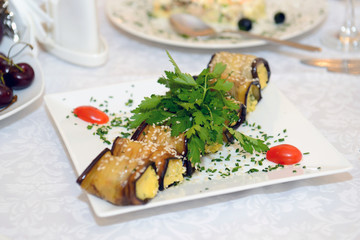 Stuffed eggplant - an appetizer on the holiday table. The food is delicious diner.