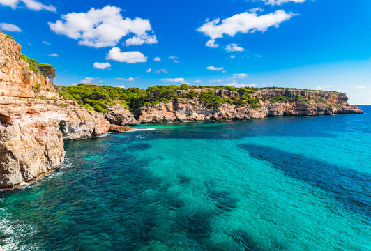 Beautiful island scenery, Majorca coast cliff line at Cala Moro Santanyi, Spain Mediterranean Sea 