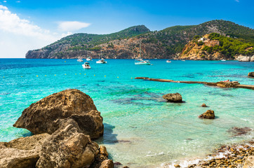 Beautiful bay with boats at the coast of Majorca island, Camp de Mar, Spain Mediterranean Sea