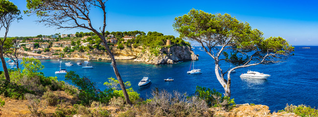 Spain Coastline Scenery Panorama Mediterranean Sea Majorca Island Boats at the Bay of Portals Vells