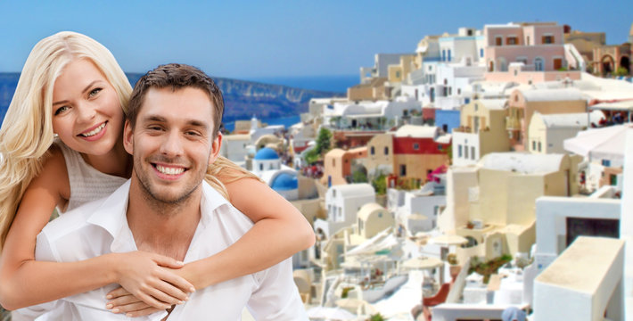 Happy Couple Hugging Over Santorini Island