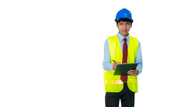 Young engineering with helmet , Vest and report onwhite background.
