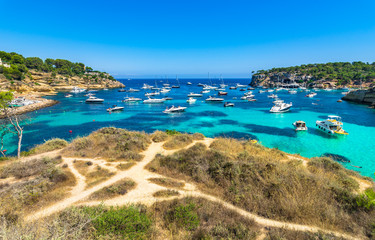 Fototapeta na wymiar Beautiful bay with boats of Portals Vells, seaside of Majorca island, Spain Mediterranean Sea, Balearic Islands
