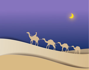 Men take a camels across the desert at night vector paper art paper cut illustration