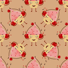 Pattern with funny cupcake. Cartoon. Vector.