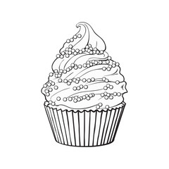 black and white hand drawn cupcake with perfect cream swirls and sprinkles, sketch style vector illustration isolated on white background. Realistic hand drawing of cupcake with cream and sprinkles