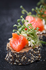 Canape with salmon and cheese cheese on a dark background.