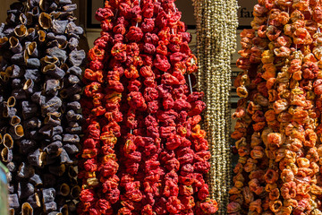 Dried peppers and aubergines and colourful spices
