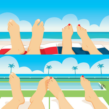 Close up illustration of summer vacation female and male couple feet relaxing in beach ocean and pool tanning at tropical vacation