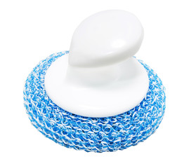 Simple blue and white plastic kitchenware dish scrubber. Isolated.