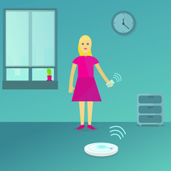 Young woman controlling robot vacuum cleaner with smartphone. Woman holding remote control of robotic vacuum cleaner. People, housework and technology concept illustration vector.