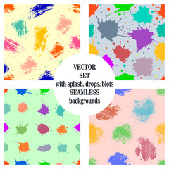 Vector set of seamless patterns, tiles with inc splash, blots, smudge and brush strokes. Grunge endless template for web background, prints, wallpaper, surface, wrapping, repeat elements for design.