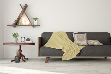 White room with sofa and green landscape in window. Scandinavian interior design. 3D illustration