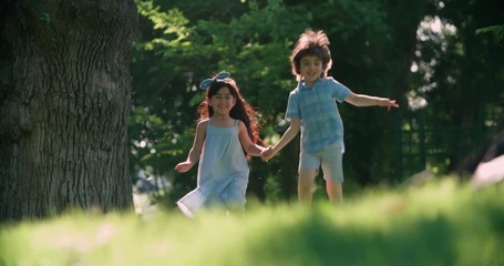 two kids,a boy and a girl running around in the garden holding hands and laughing ,slow motion - Powered by Adobe