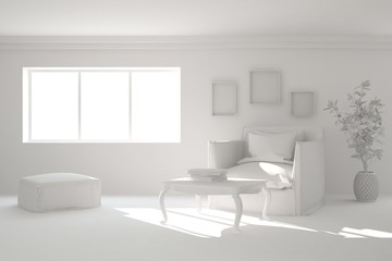 White room with armchair. Scandinavian interior design. 3D illustration