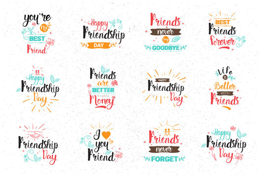 Happy Friendship Day Logo Set Greeting Cards Collection Friends Holiday Banner Vector Illustration