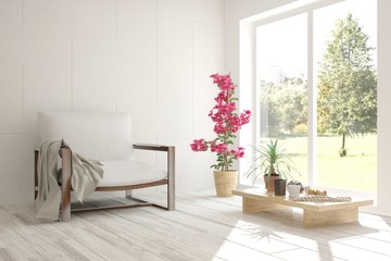 White room with armchair and green landscape in window. Scandinavian interior design. 3D illustration