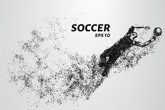 Soccer of the particles carries in the wind. Silhouette of a soccer player from circles