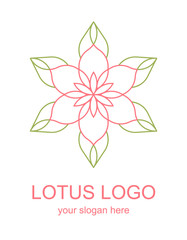 Floral linear icon. Lotus flower lineart logo. Thin line logotype for a spa, wellness center, massage or beauty salon. Vector design element in monoline style isolated on white background. 