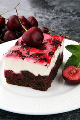 Home made cherry cake with vanilla, cream cheese and black cherr