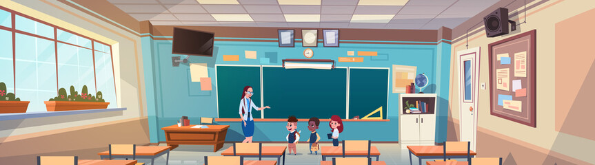 School Children Group With Teacher In Classroom Over Green Board Flat Vector Illustration