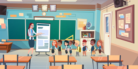 School Children Group With Teacher In Classroom Studying Flat Vector Illustration