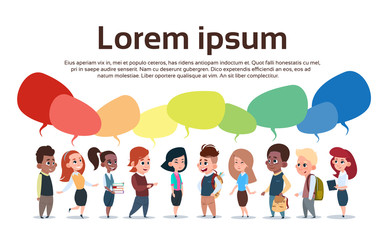 Fototapeta premium Group Of Mix Race School Kids, Happy Smiling Schoolchildren Diverse Flat Vector Illustration