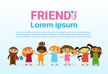 Happy Friendship Day Greeting Card Mix Race Kids Friends Multi Ethnic Holiday Banner Vector Illustration
