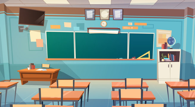 Empty School Class Room Interior Board Desk Flat Vector Illustration