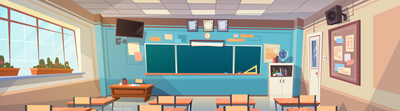 Empty School Class Room Interior Board Desk Horizontal Banner Flat Vector Illustration