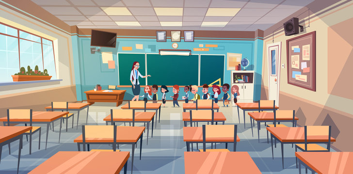 School Children Group With Teacher In Classroom Over Green Board Flat Vector Illustration