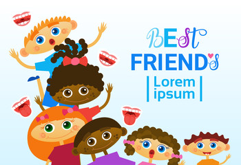 Obraz na płótnie Canvas Happy Friendship Day Greeting Card Mix Race Kids Friends Multi Ethnic Holiday Banner Vector Illustration