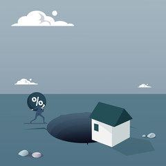 Naklejka premium Business Man Chain Bound Paying Credit Debt For House Finance Crisis Concept Flat Vector Illustration