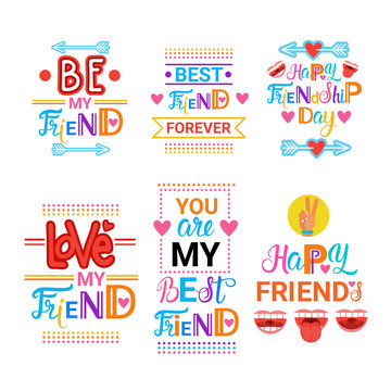 Happy Friendship Day Greeting Cards Set Friends Holiday Banner Flat Vector Illustration