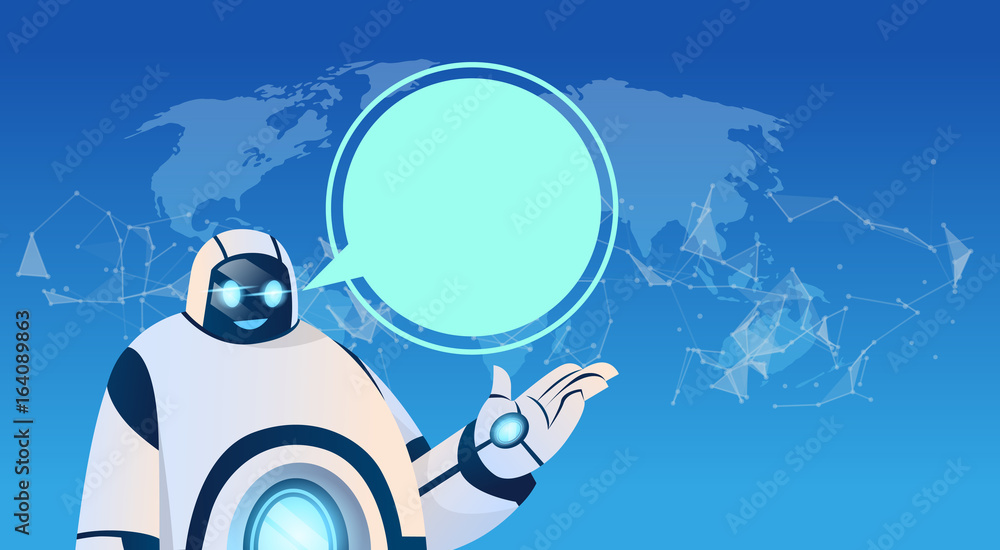 Poster modern robot with chat bubble over world map artificial intelligence technology flat vector illustra