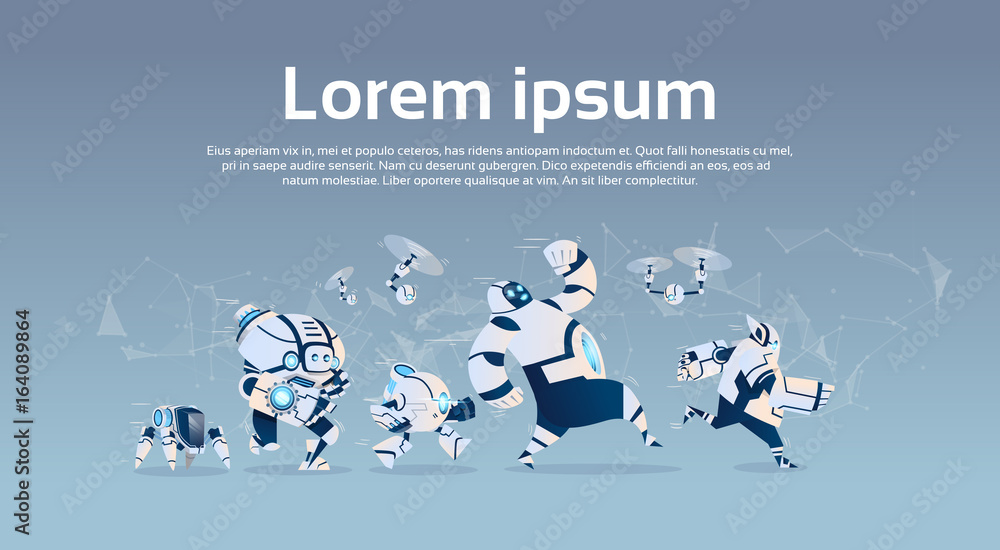 Poster modern robots group artificial intelligence technology flat vector illustration