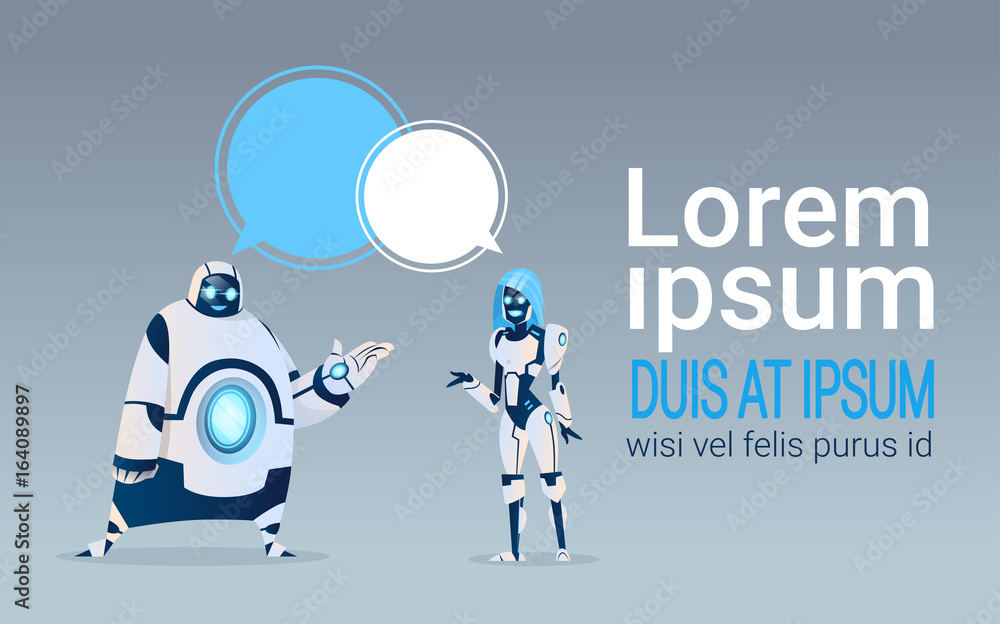 Poster modern robots with chat bubbles artificial intelligence technology flat vector illustration