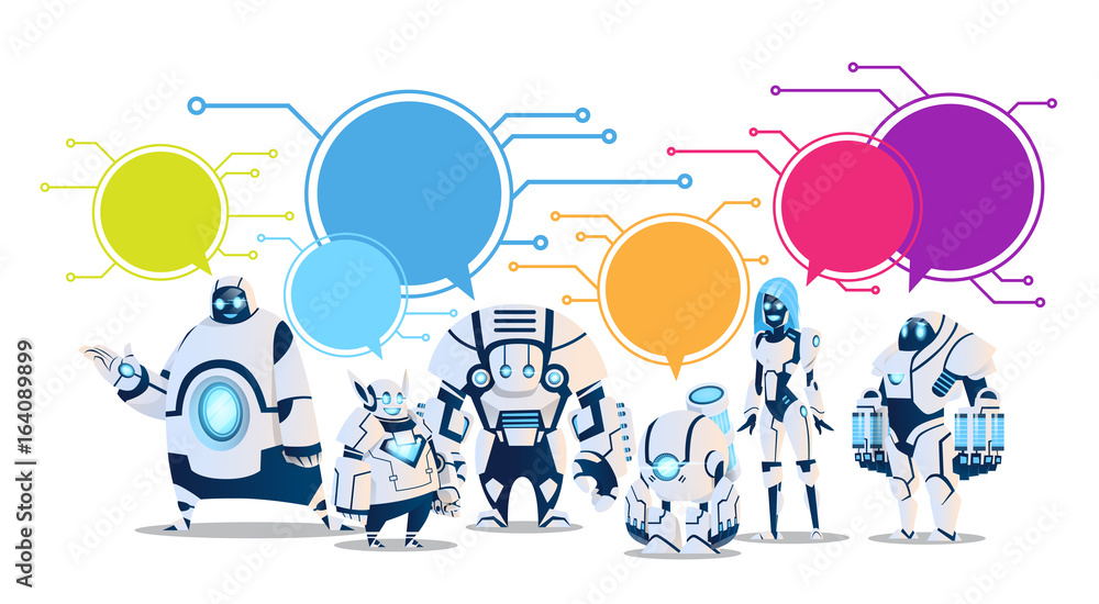 Poster modern robot set with chat bubbles artificial intelligence technology flat vector illustration