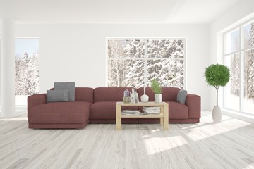 White room with sofa and winter landscape in window. Scandinavian interior design. 3D illustration