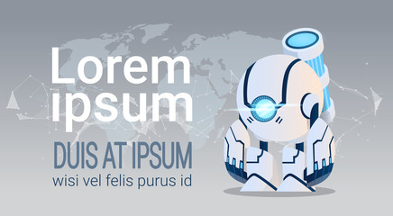 Modern Robot Over World Map Artificial Intelligence Brain Technology Flat Vector Illustration