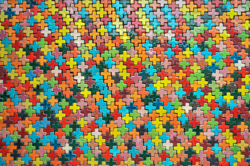 Walls are decorated with colorful ceramic shapes.