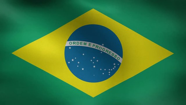 Close-up flag of Brazil ripples in a breeze. Brazil Flag waving in slow motion with highly detailed fabric texture loop,Creased textured Brazilian flag in slow motion with visible wrinkles and seams