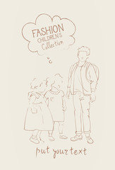 Fashion Collection Of Children Clothes Small Girls And Boys Set Of Model Trendy Clothing Sketch Vector Illustration