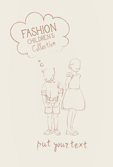 Fashion Collection Of Children Clothes Small Girls And Boys Set Of Model Trendy Clothing Sketch Vector Illustration