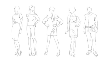 Fototapeta na wymiar Fashion Collection Of Clothes Set Of Models Wearing Trendy Clothing Sketch Vector Illustration