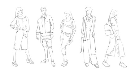 Fototapeta na wymiar Fashion Collection Of Clothes Set Of Models Wearing Trendy Clothing Sketch Vector Illustration