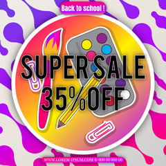 Multi colored banner. Marketing background. Super sale . Modern poster. Special offer 35 percents off.   Stationery and school supplies