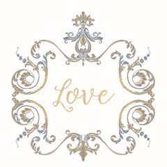 Embroidery with blue and beige vintage frame