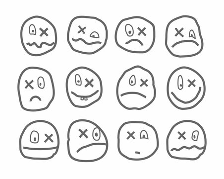 Memes, emotions, vector icons, round, with a cross. Different emotions. Uneven contour image on a white background. With the x instead of eyes. 